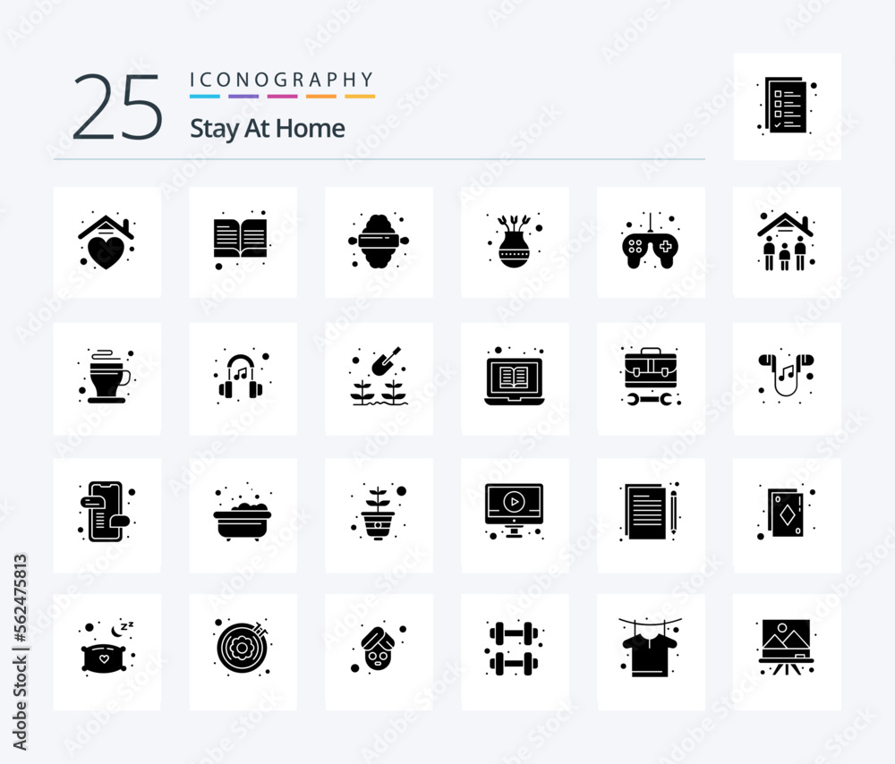 Stay At Home 25 Solid Glyph icon pack including pot. furniture. open book. flower. decoration
