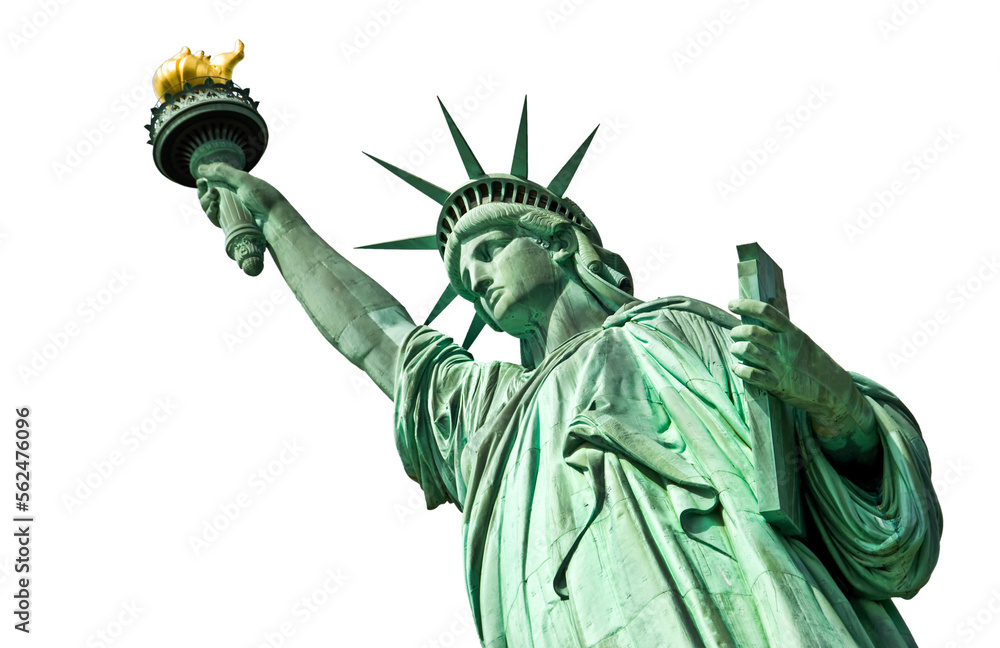 Close up of the statue of liberty isolated on transparent background, New York City, USA - obrazy, fototapety, plakaty 