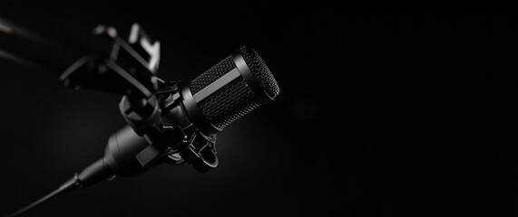 professional sound recording microphone on black background. banner with copy space