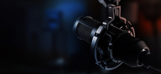 podcast sound recording microphone in home studio with neon lights. banner with copy space