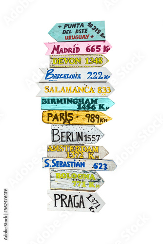 Obraz na płótnie Photo of wooden colorful direction signs to different cities of the world isolated on white or transparent background. Travel concept w salonie