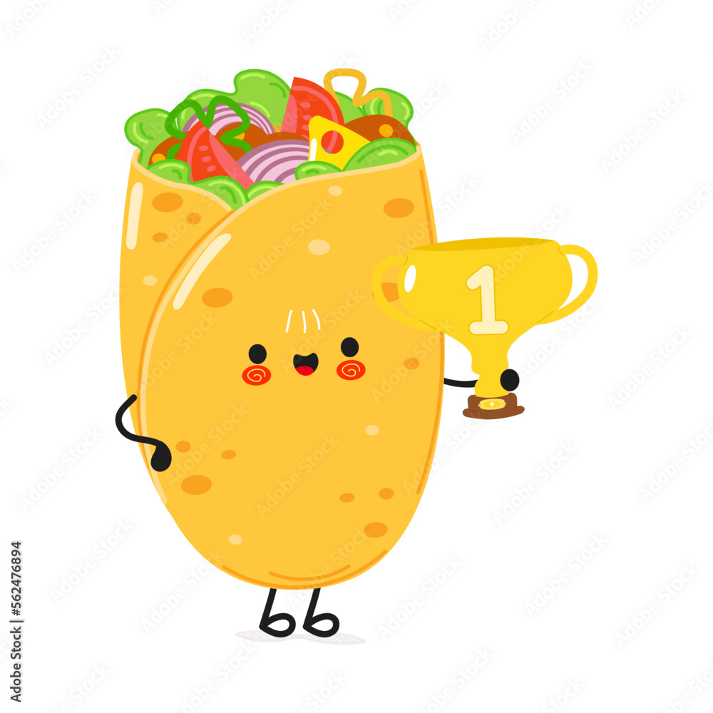 Obraz premium Cute funny burrito hold gold trophy cup. Vector hand drawn cartoon kawaii character illustration icon. Isolated on white background. Burrito with winner trophy cup
