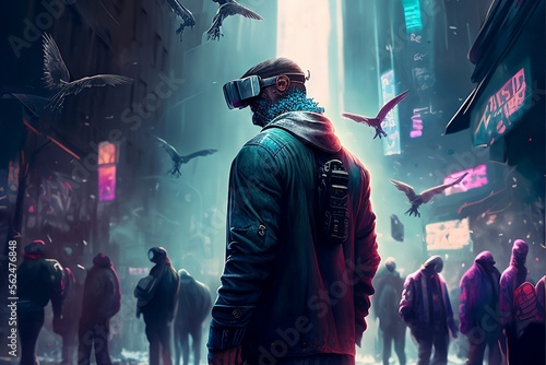 a 3d illustration of a man playing with virtual reality glasses on a crowded street cyberpunk style background