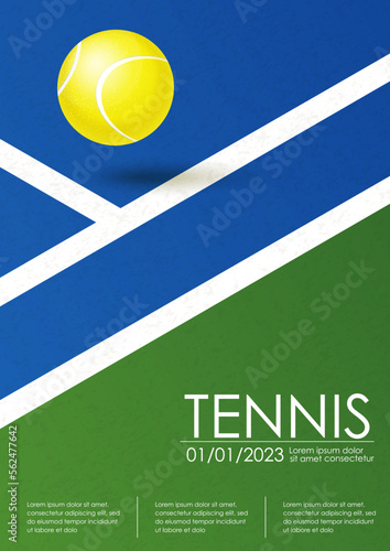 Tennis championship and tournament poster. Blue tennis court. Illustration for sports competition, championship. Ball on line. Tennis court and ball. Sports equipment. Vertical illustration for cover