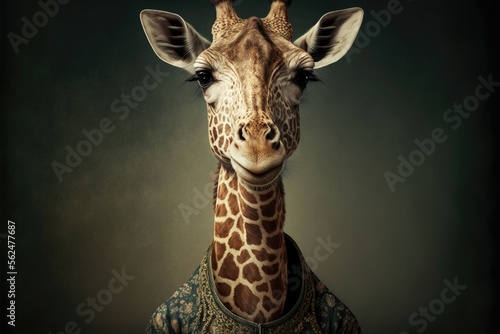 Portrait of giraffe in a victorian dress. Generative AI