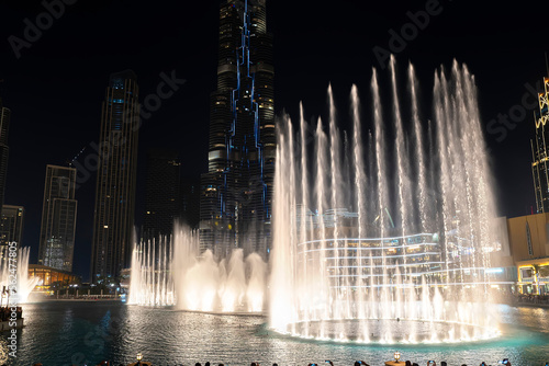Dancing fountain show. Magical view night. Tourist attraction. Luxury travel inspiration.