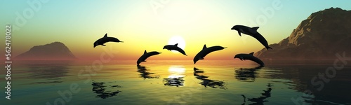 Dolphins play swimming away at the setting sun  3d rendering