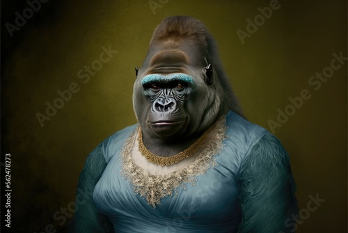 Portrait of gorilla in a victorian dress. Generative AI