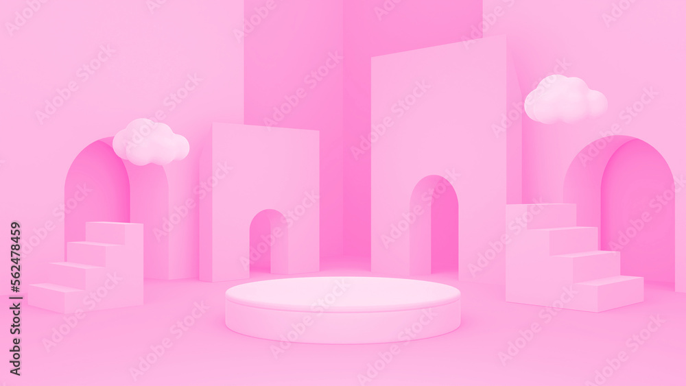 3d rendered pink podium with stairs and white clouds. 3d rendered pink podium with stairs and white clouds.