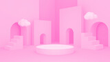3d rendered pink podium with stairs and white clouds.