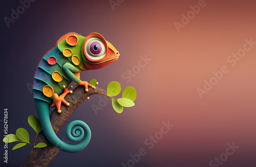 Fototapeta Cute Cartoon Chameleon Banner with Space for Copy (Generative AI)