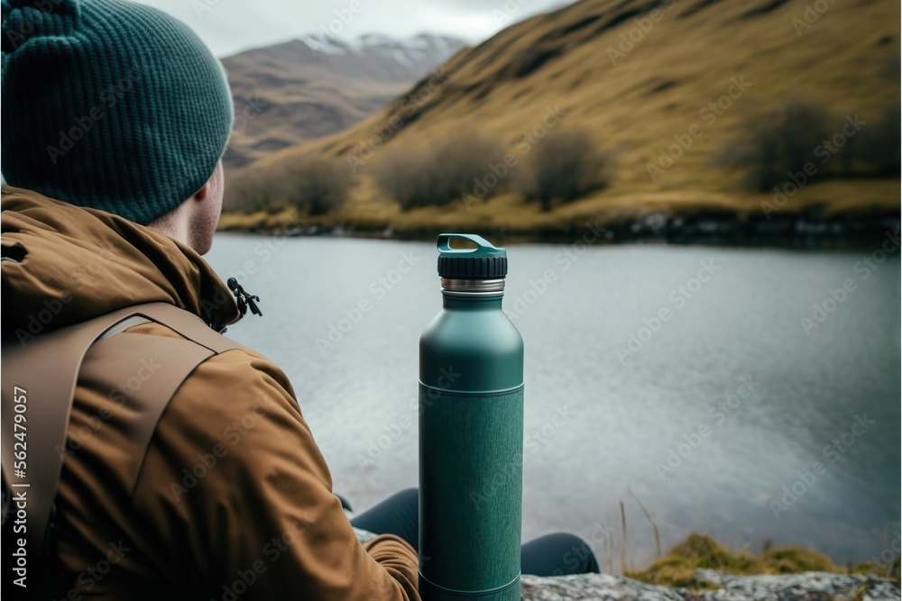 Obraz premium A rare view of a person using a reusable water bottle, created with Generative AI technology