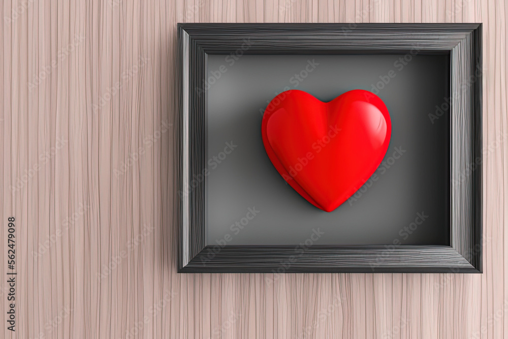 Grey wooden frame with red heart inside, valentine, with generative AI technology