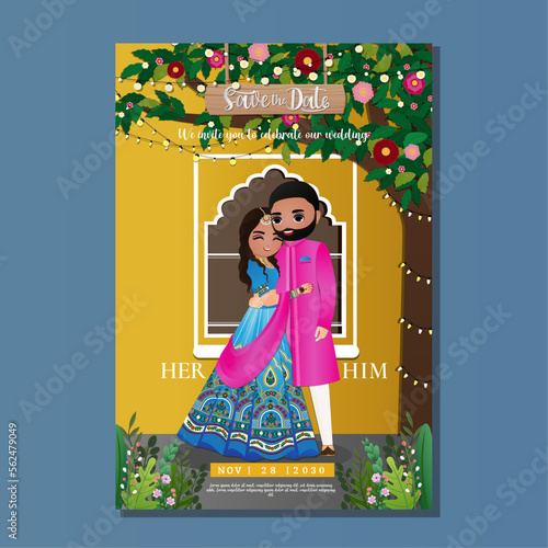 Cute hindu couple in traditional indian dress cartoon character.Romantic wedding invitation card