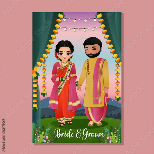 Cute hindu couple in traditional indian dress cartoon character.Romantic wedding invitation card