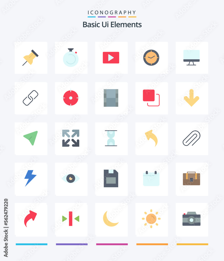 Creative Basic Ui Elements 25 Flat icon pack  Such As monitor. clock. youtube. timer. watch