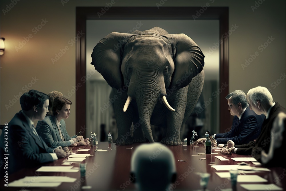 Elephant sitting in a table on executive meeting, concept of Elephant in the room, created with Generative AI technology - obrazy, fototapety, plakaty 