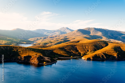 Beautiful Aerial View of El Atazar Dam in the Mountain Range of Madrid at sunset