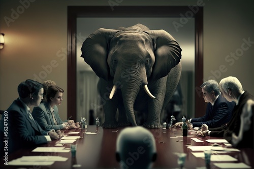 Elephant sitting in a table on executive meeting, concept of Elephant in the room, created with Generative AI technology