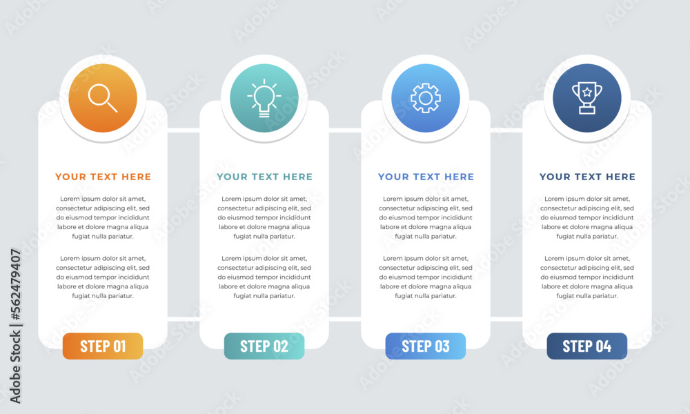Colourful infographic steps with text boxes. Business concept with 4 steps. Colourful infographic steps with text boxes. Business concept with 4 steps.