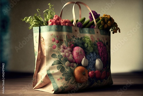 Reusable shopping bag with print showing fruits and vegetables, concept of using it instead of a plastic bag, created with Generative AI technology photo