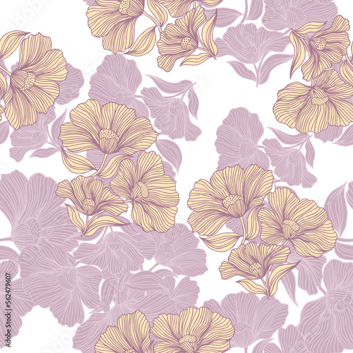 Delicate floral line seamless pattern. Vintage flower background.