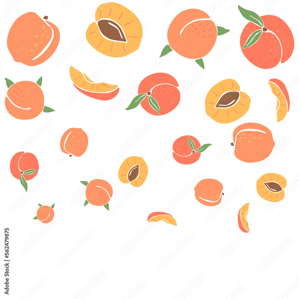 Background with colored peaches. Decorative fruits and leaves.