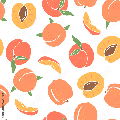 Fototapeta Naklejka Na Ścianę i Meble -  Seamless pattern with colored peaches. Decorative fruits and leaves.