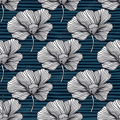 Flower buds seamless pattern ornament. Line style. Floral vintage outline endless background.