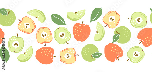 Seamless pattern with ripe apples. Decorative fruits and leaves.