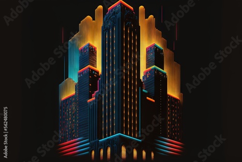  a very tall building with neon lights on it's sides and a black background with a black background and a red and yellow line across the top of the building is a black background. Generative AI