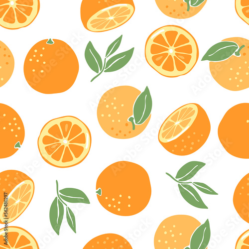 Seamless pattern with ripe oranges. Decorative fruits and leaves.