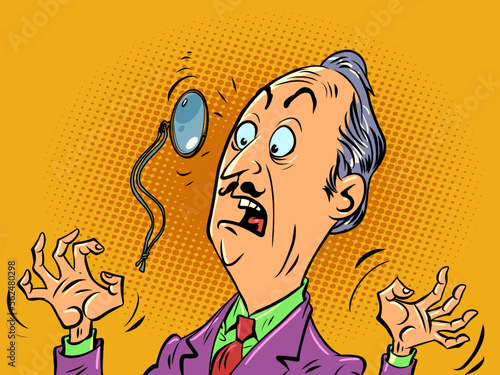 A surprised man with a monocle. News human emotions. Face Glasses