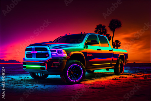 dodge ram 3500 neon dramatic colorful lights generated ai
