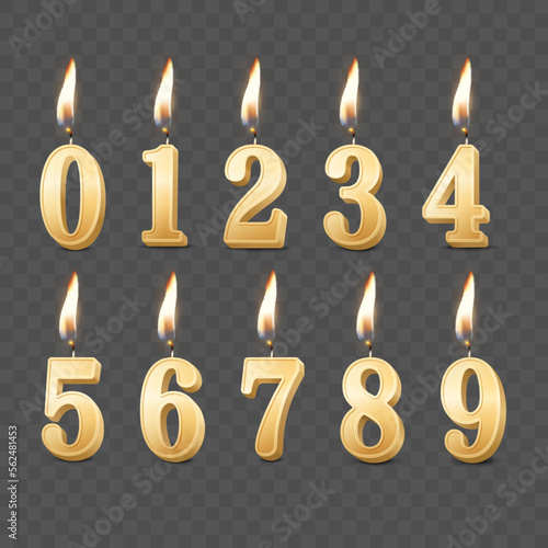 Vector 3d Realistic Paraffin or Wax Burning Yellow Golden Birthday Party Candles, Numbers and Different Flame of a Candle Icon Set Isolated. Design Template, Clipart, Birthday Concept. Front View