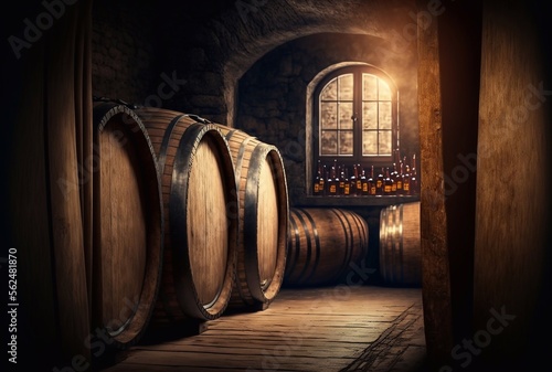 Barrels with wine or brandy in the cellar, AI generative photo