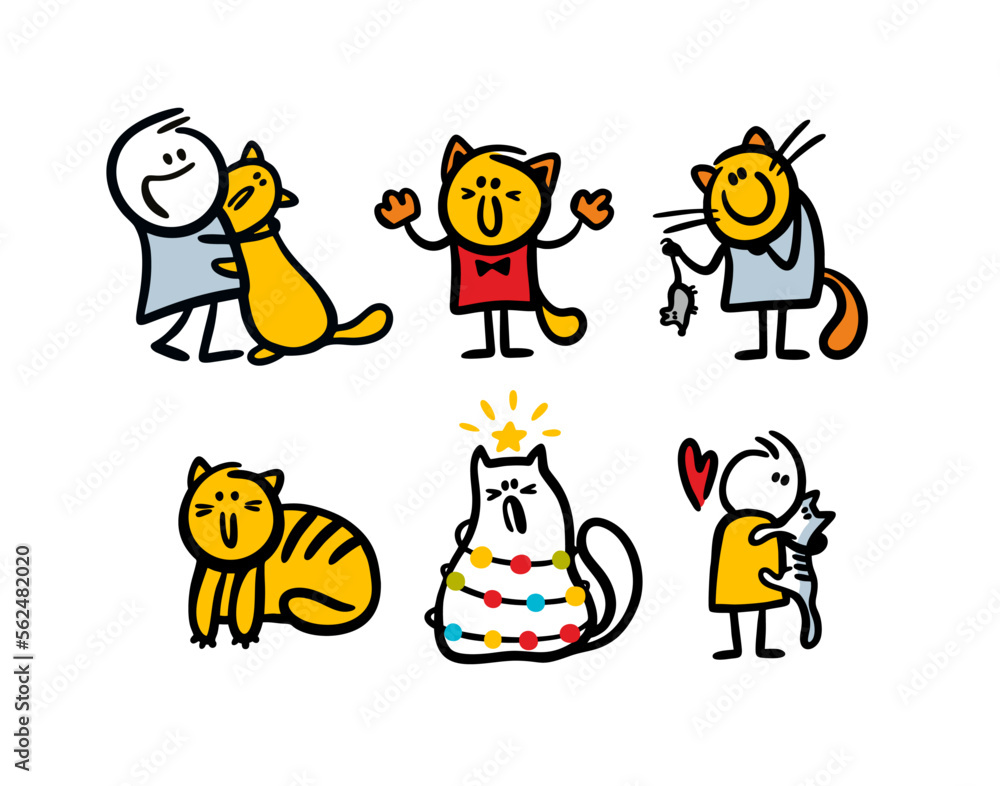 Obraz premium Cute vector set of funny cats and kittens with their masters.