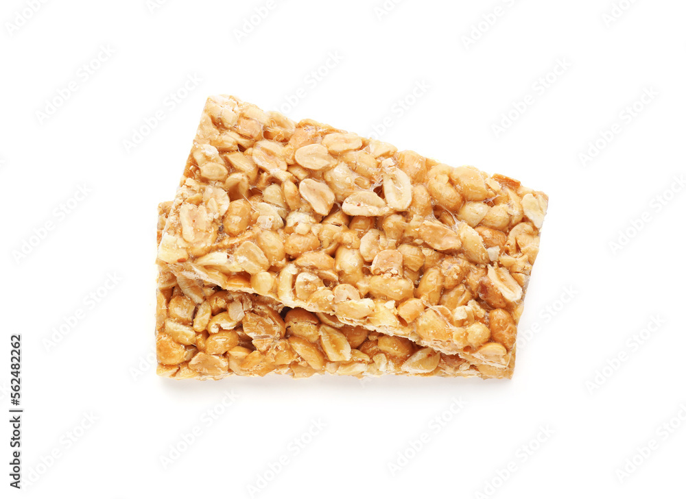 Tasty peanut bars (kozinaki) isolated on white, top view Tasty peanut bars (kozinaki) isolated on white, top view