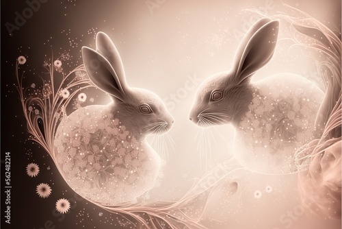  two rabbits are facing each other in a surrealistic scene with flowers and bubbles in the background and a pink background with white flowers and bubbles in the foreground, and a pink,. generative ai photo