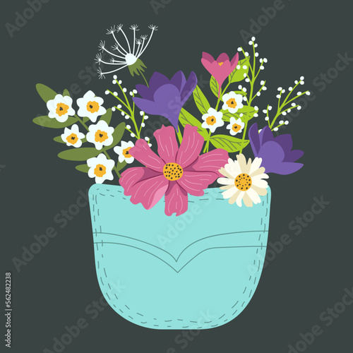 Hand drawn flowers and grasses bunch in jeans pocket. vector illustration