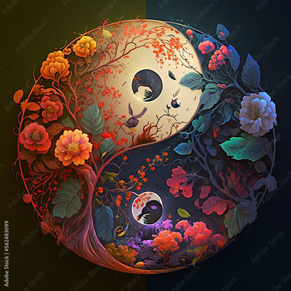 Yin yang design with beautiful flowers. Perfect harmony. Ai llustration