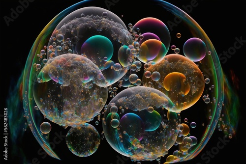  a group of bubbles floating in the air with bubbles all around them on a black background with a black background and a black background with white border with a few bubbles in bottom. Generative AI