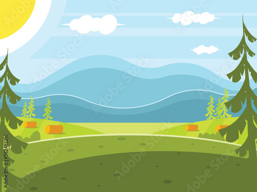 Beautiful summer landscape. Summer forest background. The path that goes through the thicket of the forest. Vector graphics