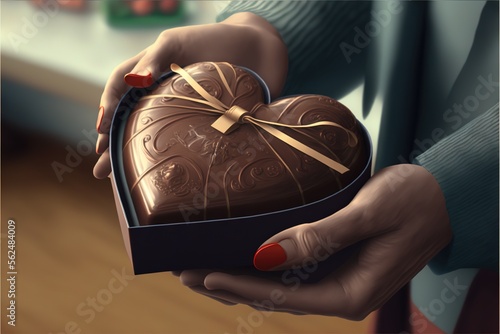  a woman holding a heart shaped chocolate box with a bow on it's ribbon around the top of it's lid, with a wooden floor in the background, a window,. Generative AI