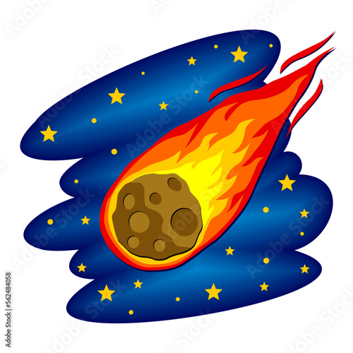 Comet with tail or meteor with trail of fire on starry sky. Cartoon vector on transparent background