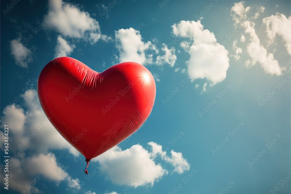  a heart shaped balloon floating in the air with a blue sky background and clouds in the background with a sunbeam and a few clouds in the sky above it, with a few clouds. Generative AI