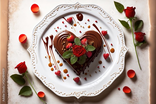  a heart shaped chocolate cake with strawberries and chocolate sauce on a plate with roses around it and a rose on the side of the plate and a white plate with a white border with. Generative AI