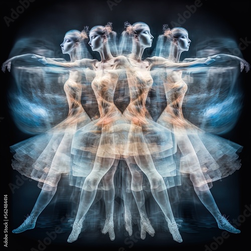 Multi exposure image of dancer performing made with Generative AI. 