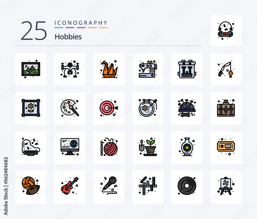 Hobbies 25 Line Filled icon pack including bag. tailoring. hobbies. sewing. machine