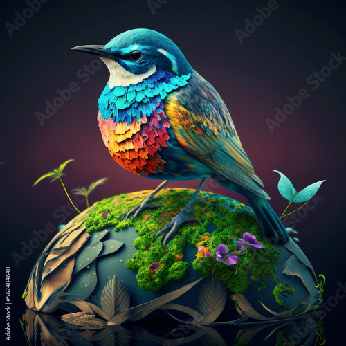 Bird standing on the planet Earth, biodiversity ecology concept, keep our planet and her nature. Earth day. Generative Ai. © okili77